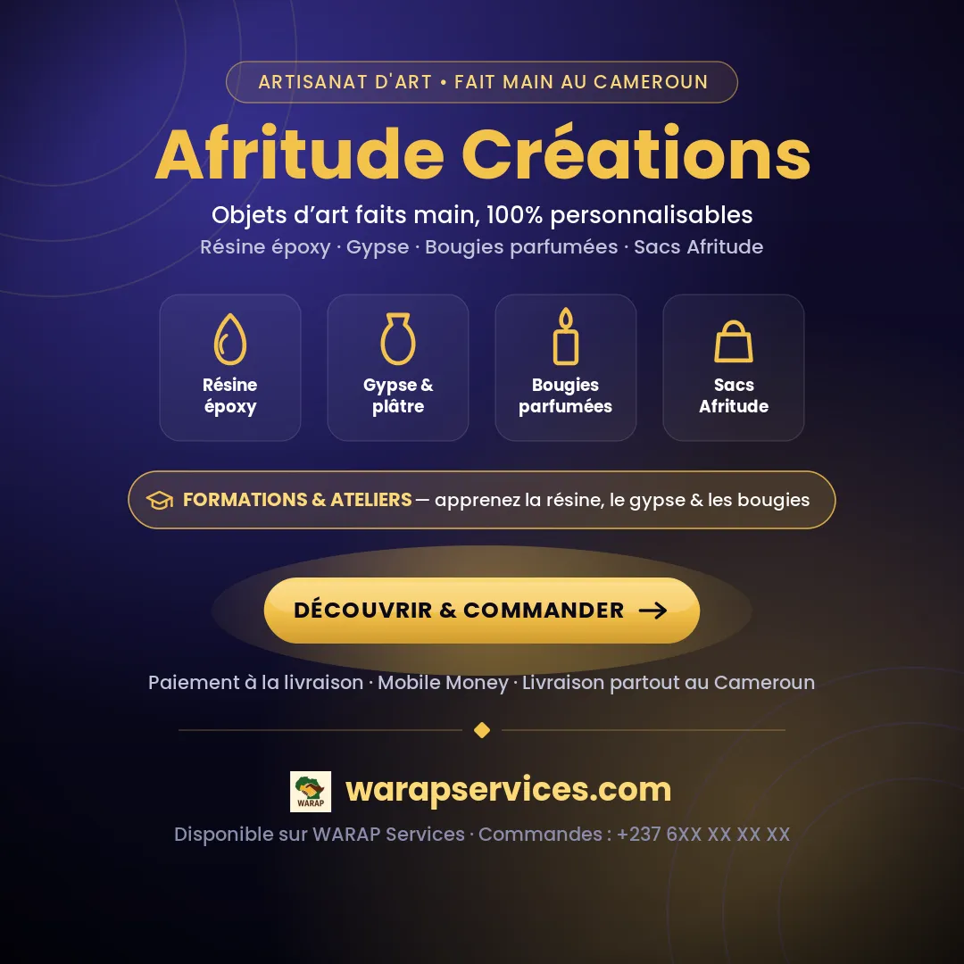 Afritude Créations — Objets d'art en résine époxy, gypse, bougies parfumées & sacs Afritude (+ Formations)